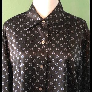 Black with Dark Royal Blue Dots in Silver Circles Cufflink Style Blouse